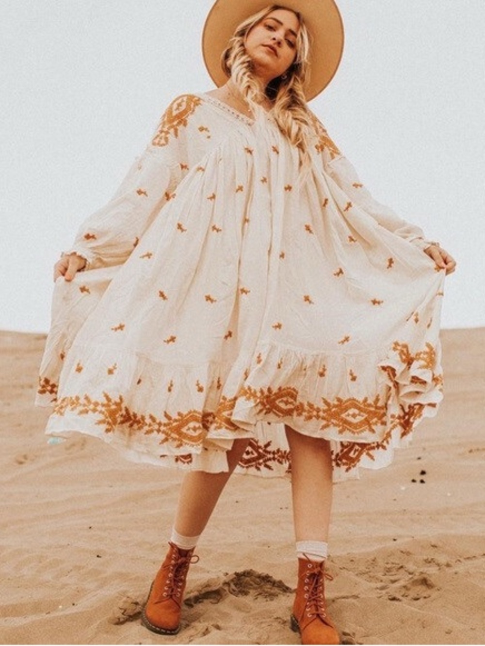 Free People Lavender Fields Midi Dress with Tan Embroidery